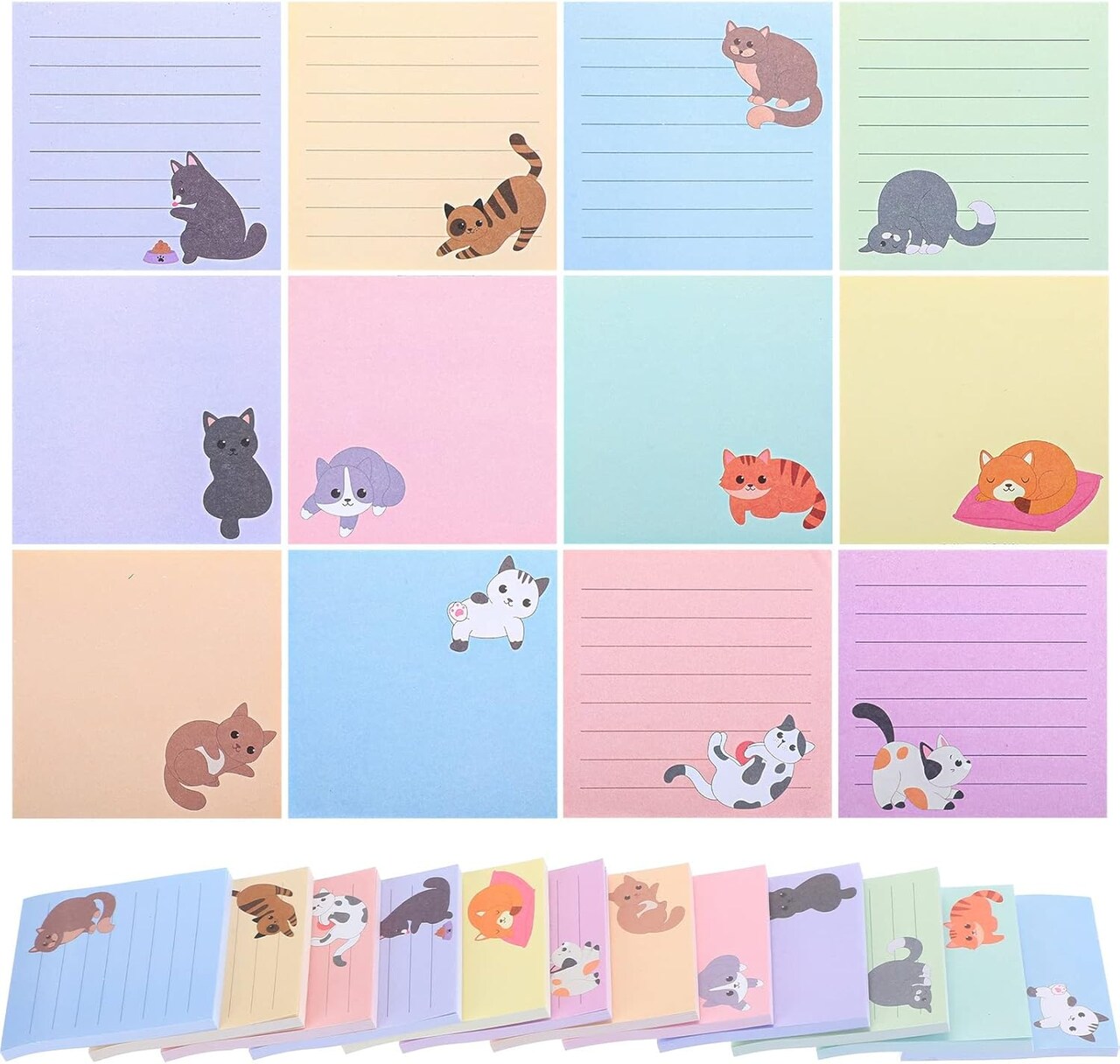 12 Pack Cat Sticky Notes Small to Do List Notepad Funny Cute Kitty Cat Theme Memo Pads for Office School, 600 Sheets in Total(Light Colors,Cute Cat)